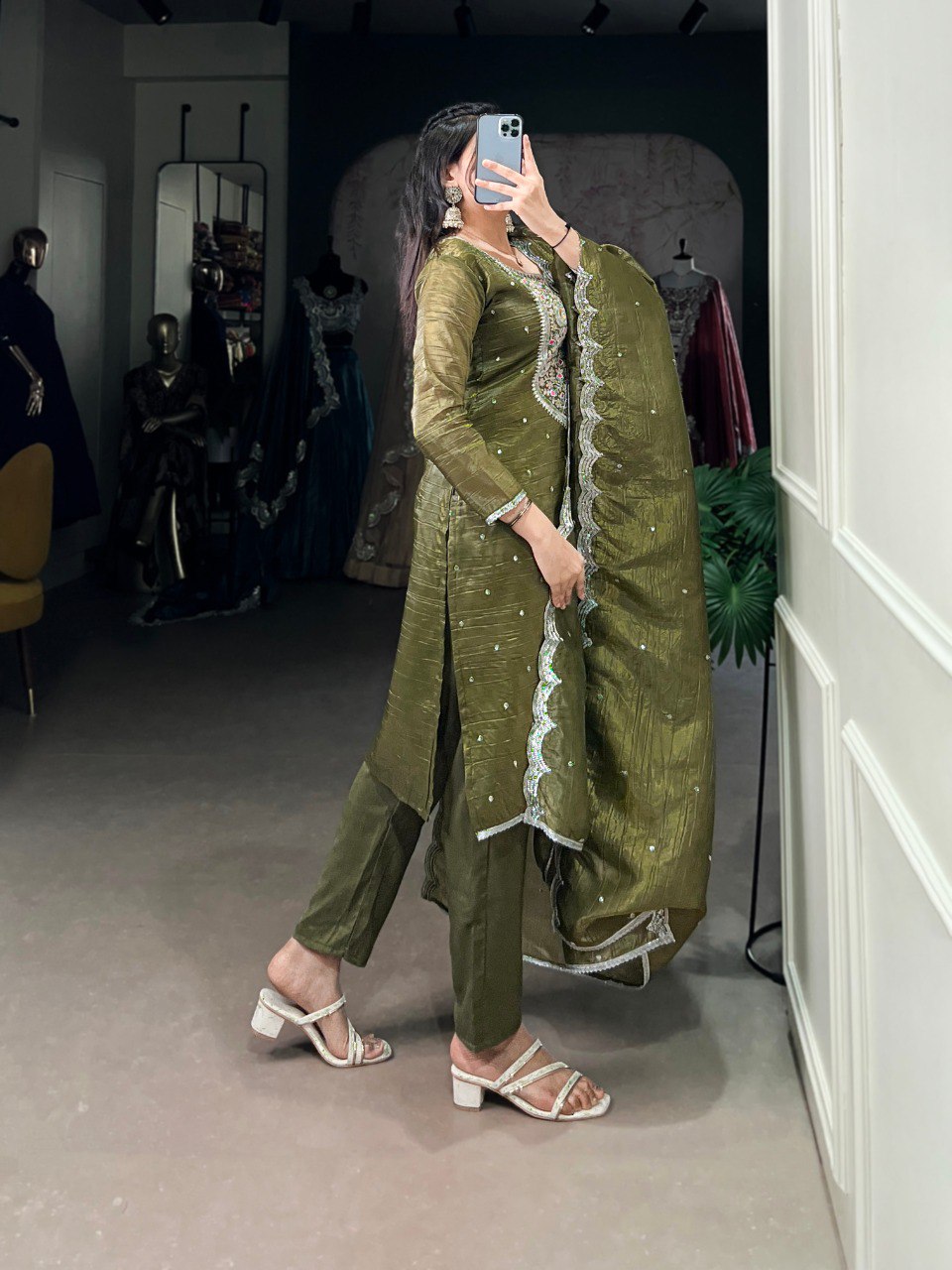 Olive Green Elegant Gold Crush Embroidered Suit Set ClothsVilla