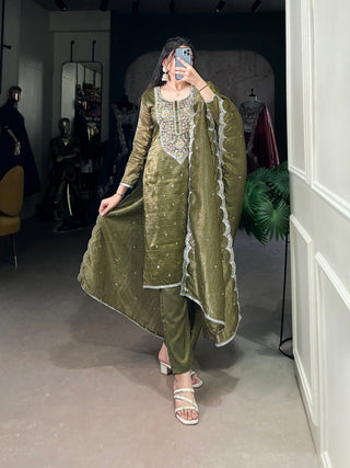 Olive Green Elegant Gold Crush Embroidered Suit Set ClothsVilla