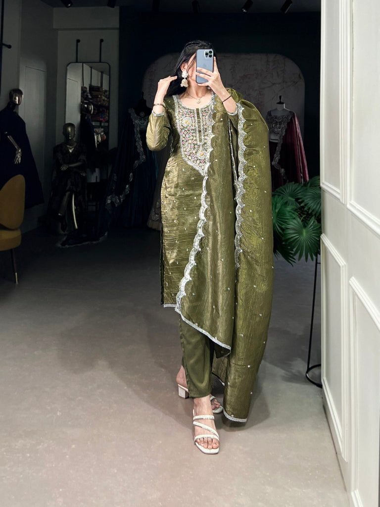 Olive Green Elegant Gold Crush Embroidered Suit Set ClothsVilla