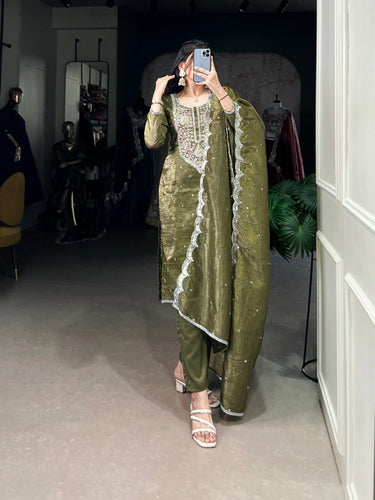 Olive Green Elegant Gold Crush Embroidered Suit Set ClothsVilla