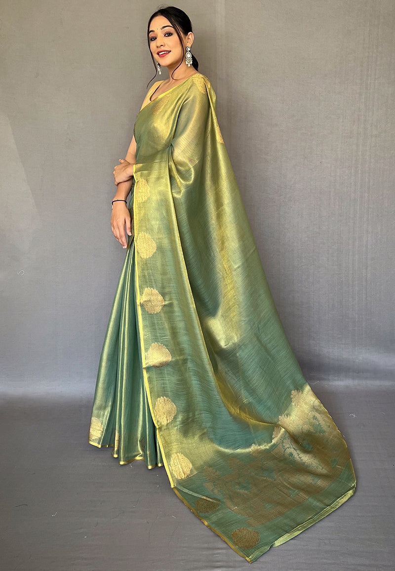 Olive Green Elegant Woven Tissue Silk Saree with Gold Accents & Unstitched Blouse Piece – Party & Festive Wear Secondary image