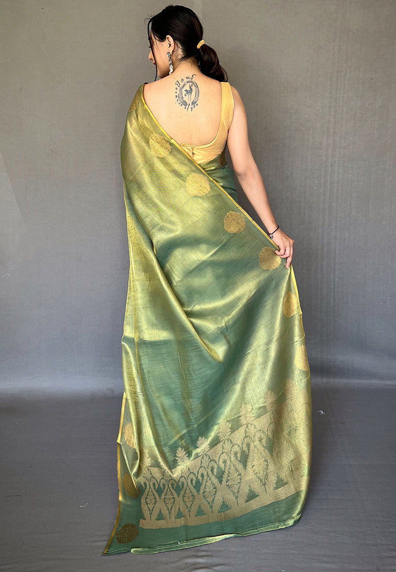 Olive Green Elegant Woven Tissue Silk Saree with Gold Accents & Unstitched Blouse Piece – Party & Festive Wear ClothsVilla