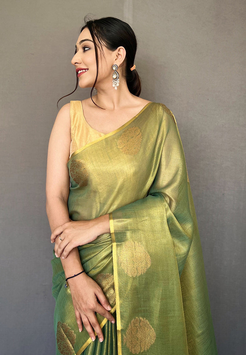 Olive Green Elegant Woven Tissue Silk Saree with Gold Accents & Unstitched Blouse Piece – Party & Festive Wear ClothsVilla