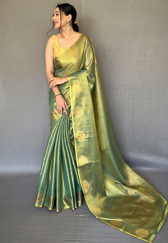 Olive Green Elegant Woven Tissue Silk Saree with Gold Accents & Unstitched Blouse Piece – Party & Festive Wear ClothsVilla