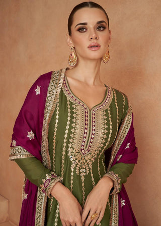 Olive Green Embroidered Chinon Suit Set with Dupatta ClothsVilla