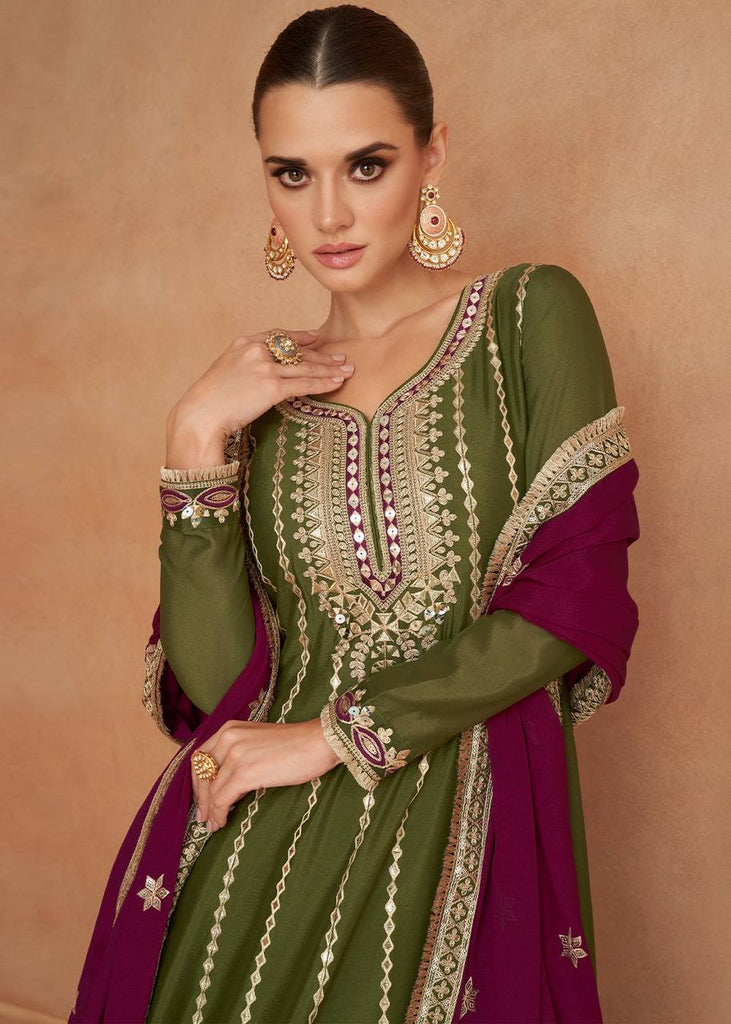 Olive Green Embroidered Chinon Suit Set with Dupatta ClothsVilla