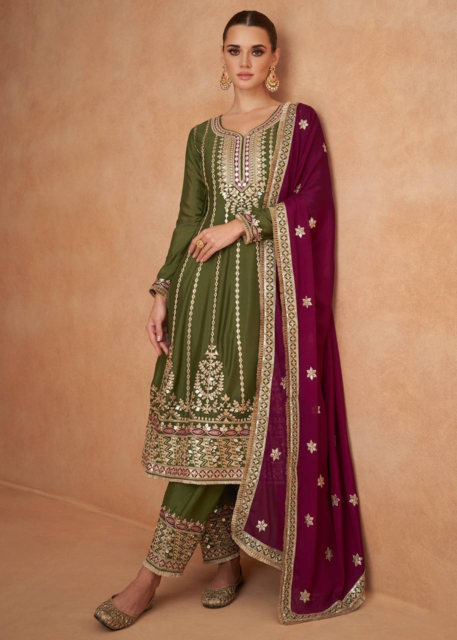 Olive Green Embroidered Chinon Suit Set with Dupatta ClothsVilla