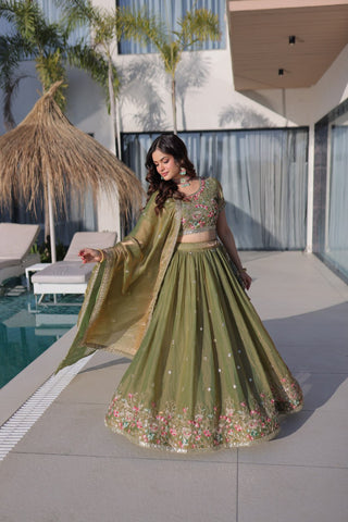 Olive Green Fendi Silk Lehenga Choli ClothsVilla