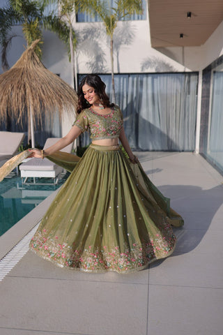 Olive Green Fendi Silk Lehenga Choli ClothsVilla