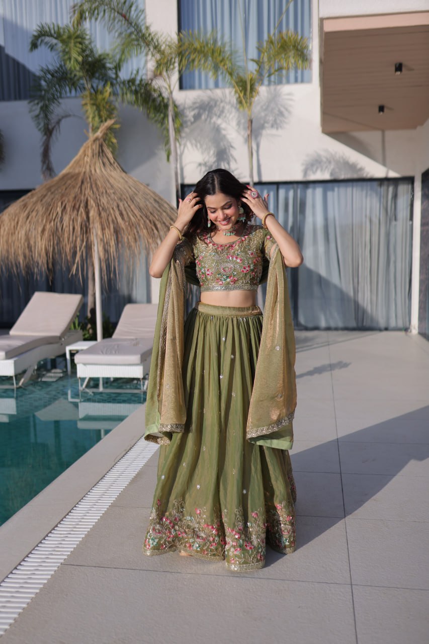 Olive Green Fendi Silk Lehenga Choli ClothsVilla