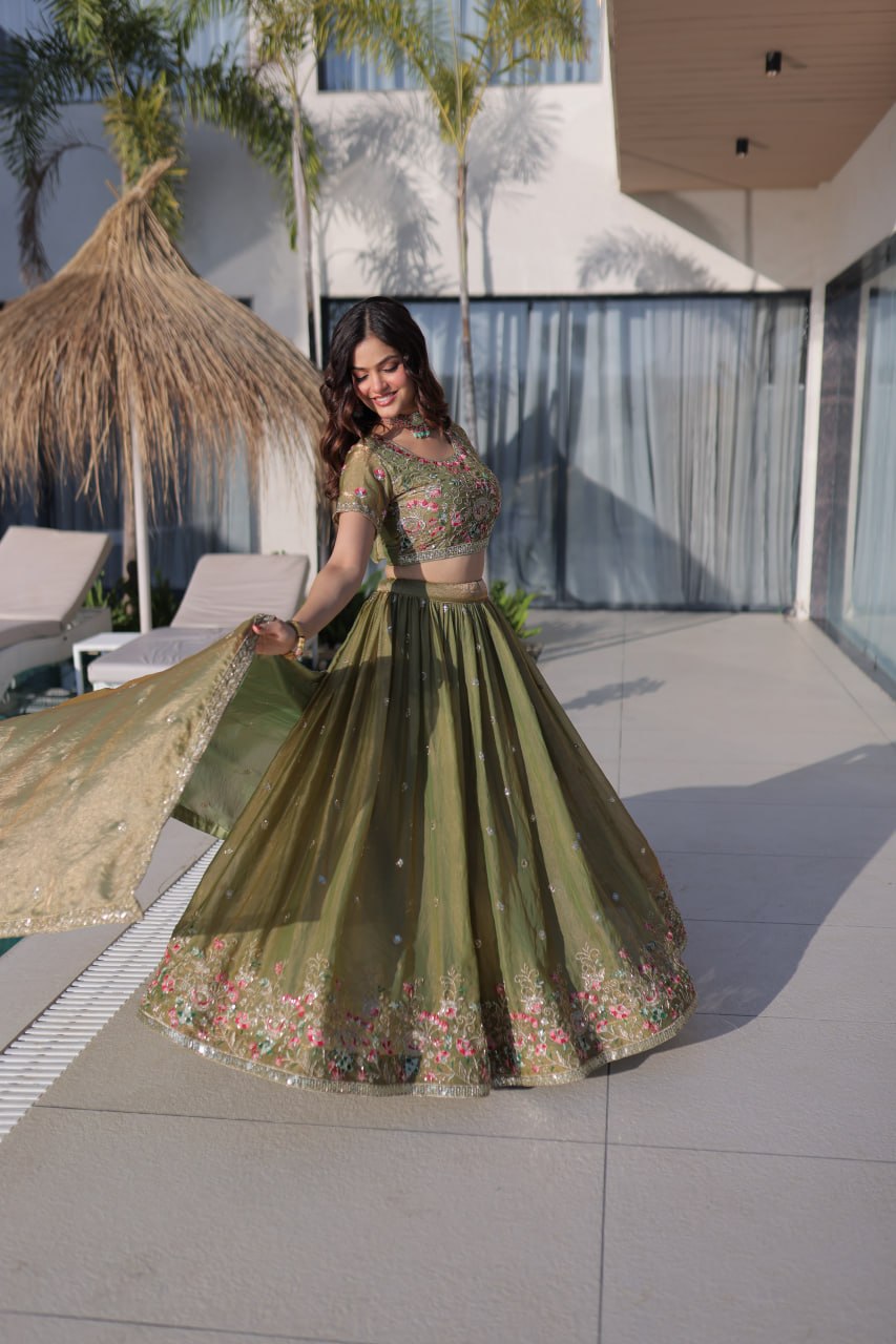 Olive Green Fendi Silk Lehenga Choli ClothsVilla