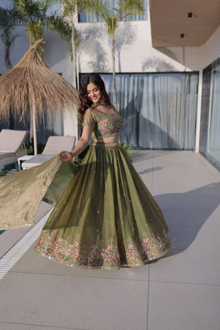Olive Green Fendi Silk Lehenga Choli ClothsVilla