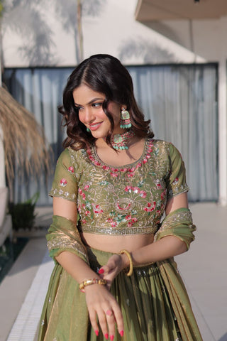 Olive Green Fendi Silk Lehenga Choli ClothsVilla