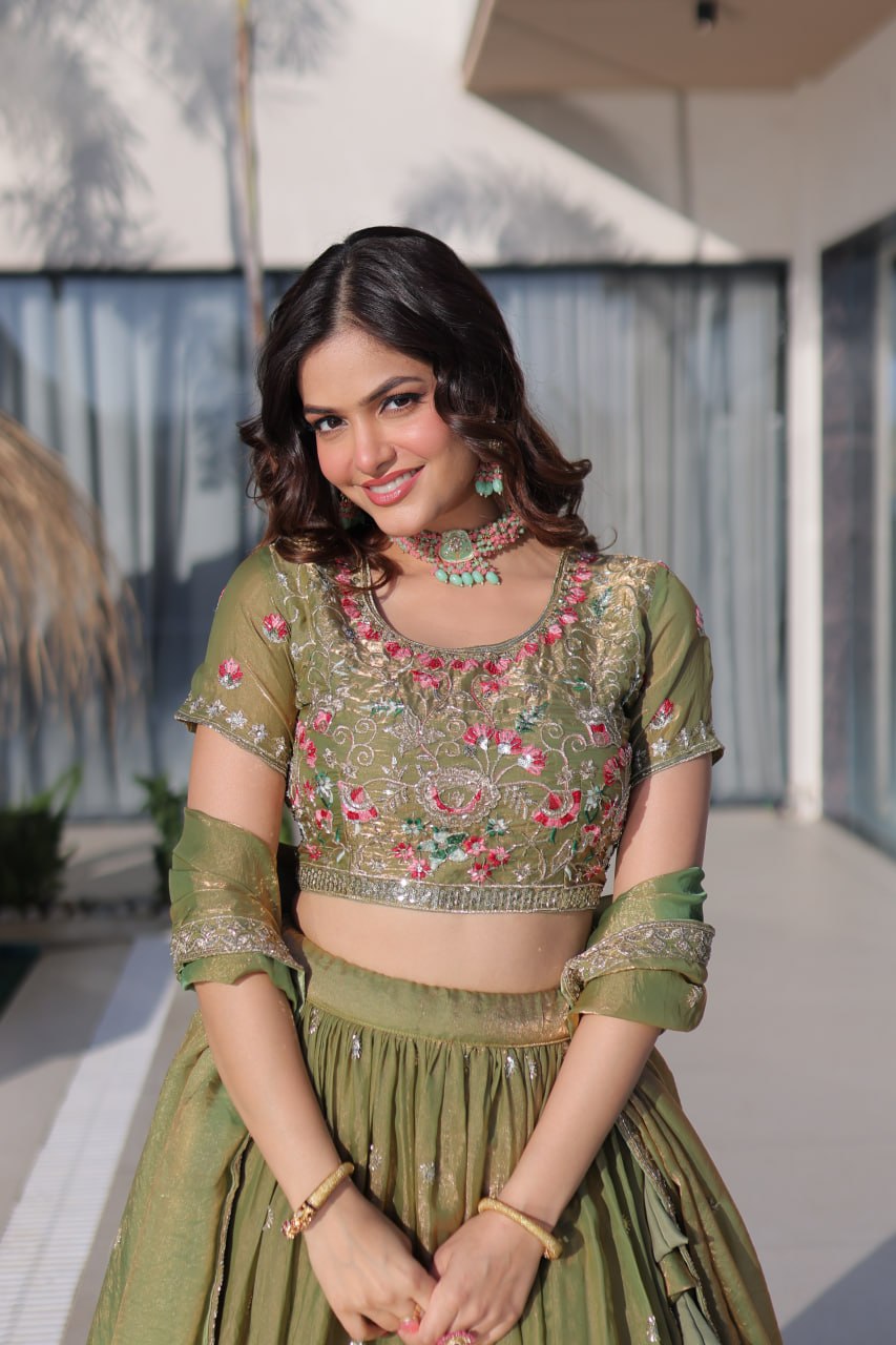 Olive Green Fendi Silk Lehenga Choli ClothsVilla
