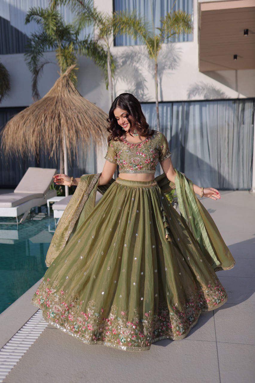 Olive Green Fendi Silk Lehenga Choli ClothsVilla