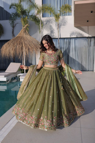 Olive Green Fendi Silk Lehenga Choli ClothsVilla
