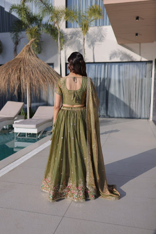 Olive Green Fendi Silk Lehenga Choli ClothsVilla
