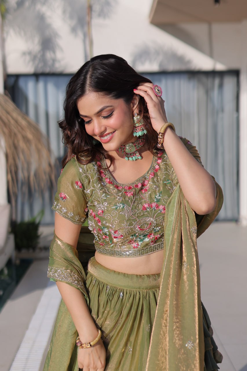Olive Green Fendi Silk Lehenga Choli ClothsVilla