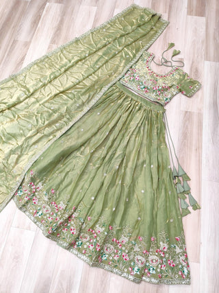 Olive Green Fendi Silk Lehenga Choli ClothsVilla