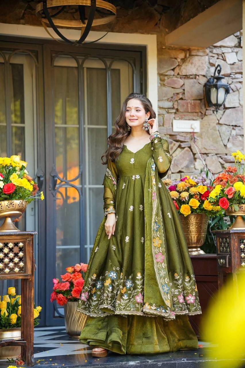 Olive Green Gown Sharara Set Clothsvilla