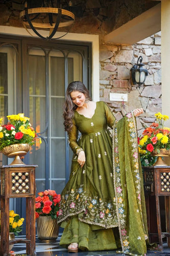 Olive Green Gown Sharara Set Clothsvilla