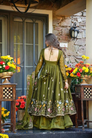 Olive Green Gown Sharara Set Clothsvilla
