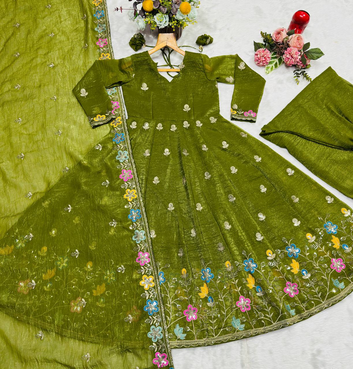 Olive Green Gown Sharara Set Clothsvilla