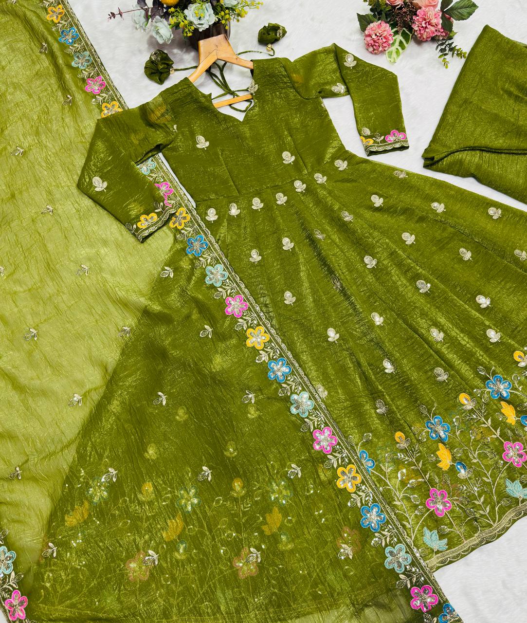 Olive Green Gown Sharara Set Clothsvilla