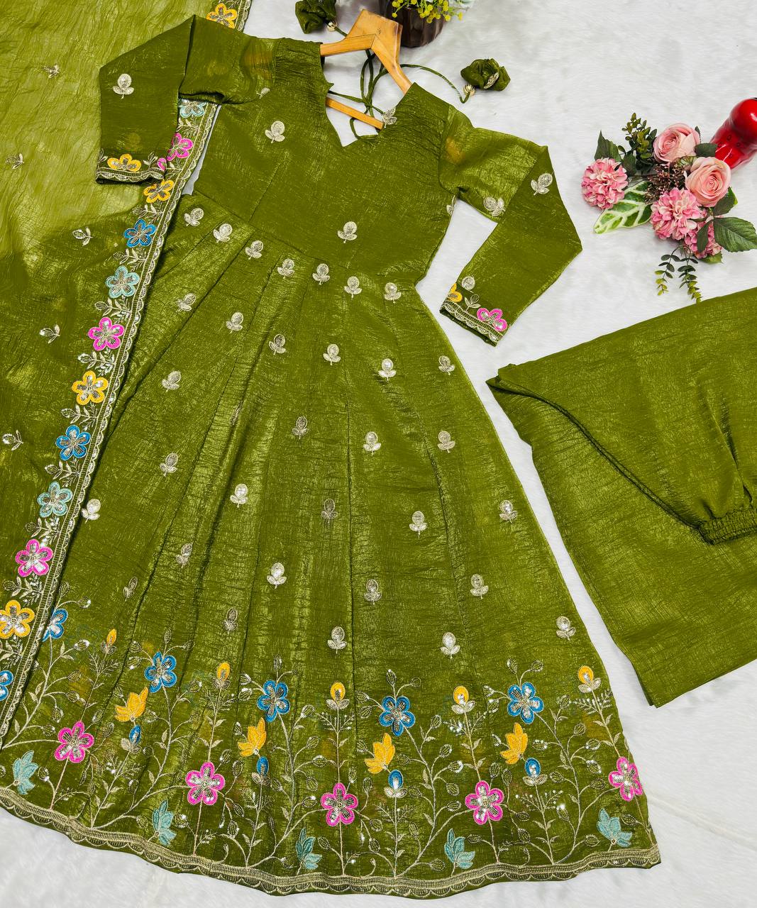 Olive Green Gown Sharara Set Clothsvilla