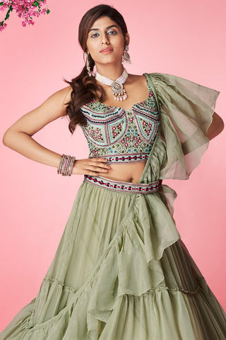 Olive Green Pakistani Art Silk Lehenga Choli For Indian Festival & Weddings - Thread Embroidery Work, Clothsvilla
