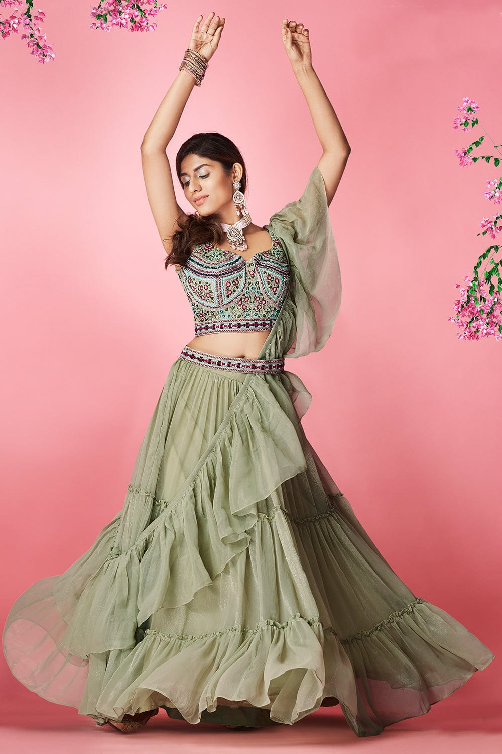 Olive Green Pakistani Art Silk Lehenga Choli For Indian Festival & Weddings - Thread Embroidery Work, Clothsvilla