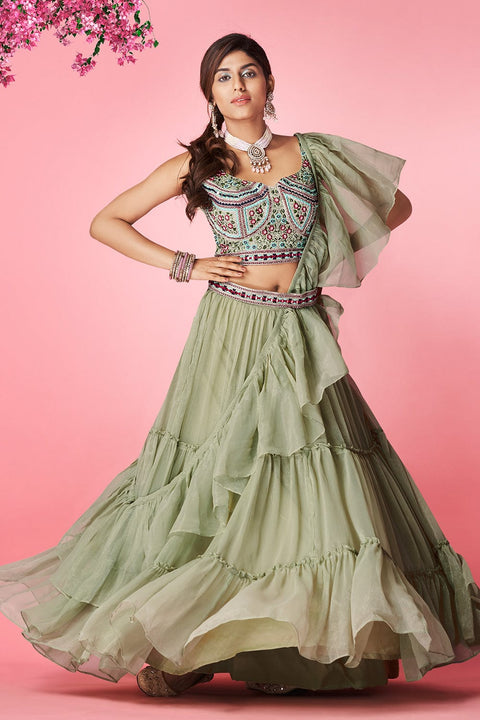 Olive Green Pakistani Art Silk Lehenga Choli For Indian Festival & Weddings - Thread Embroidery Work, Clothsvilla Main image
