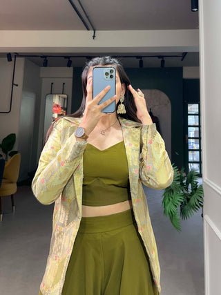 Olive Green Printed Georgette Palazzo Set with Jacquard Shrug ClothsVilla