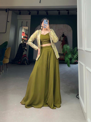 Olive Green Printed Georgette Palazzo Set with Jacquard Shrug ClothsVilla