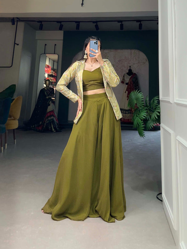 Olive Green Printed Georgette Palazzo Set with Jacquard Shrug ClothsVilla