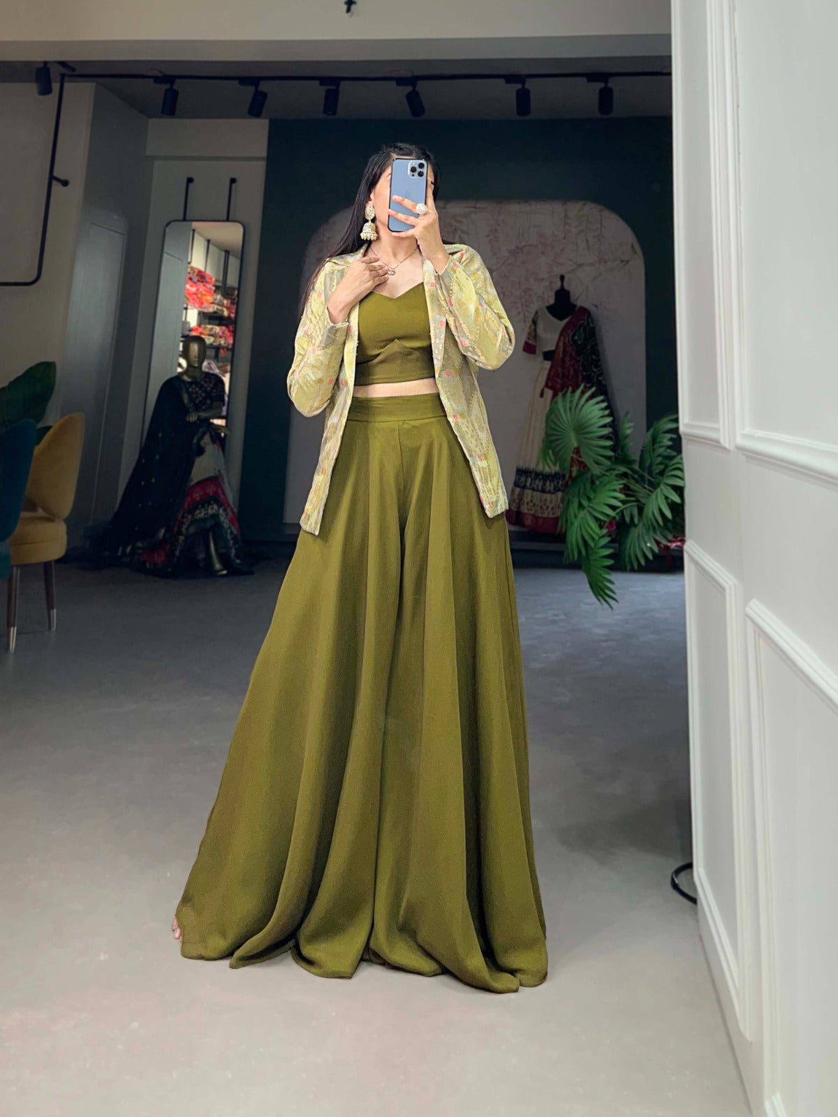Olive Green Printed Georgette Palazzo Set with Jacquard Shrug ClothsVilla