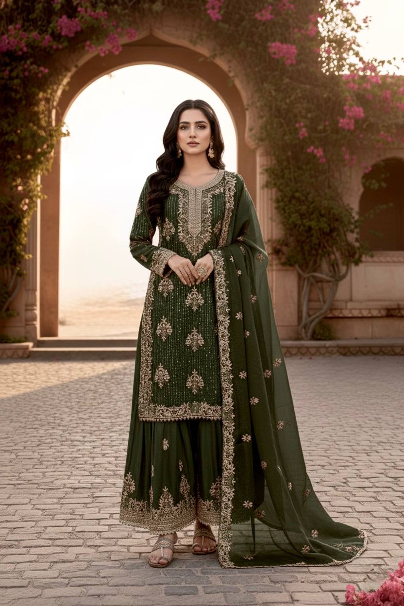 Olive Green Pure Silk Heavy Embroidered Kurta Palazzo Set with Dupatta ClothsVilla Main image