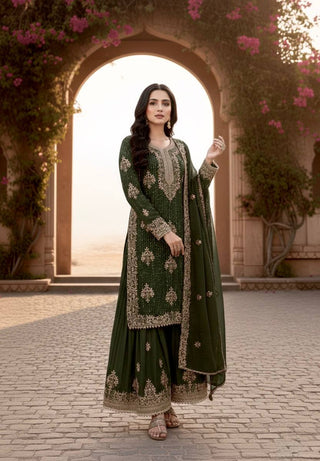 Olive Green Pure Silk Heavy Embroidered Kurta Palazzo Set with Dupatta ClothsVilla