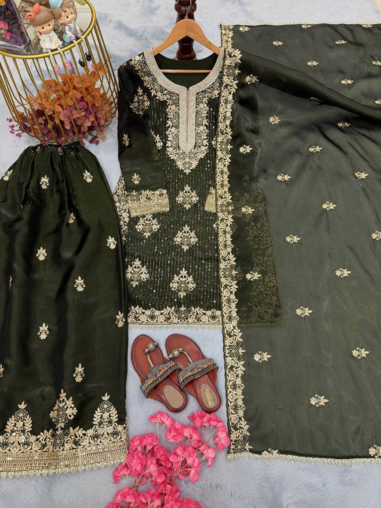 Olive Green Pure Silk Heavy Embroidered Kurta Palazzo Set with Dupatta ClothsVilla