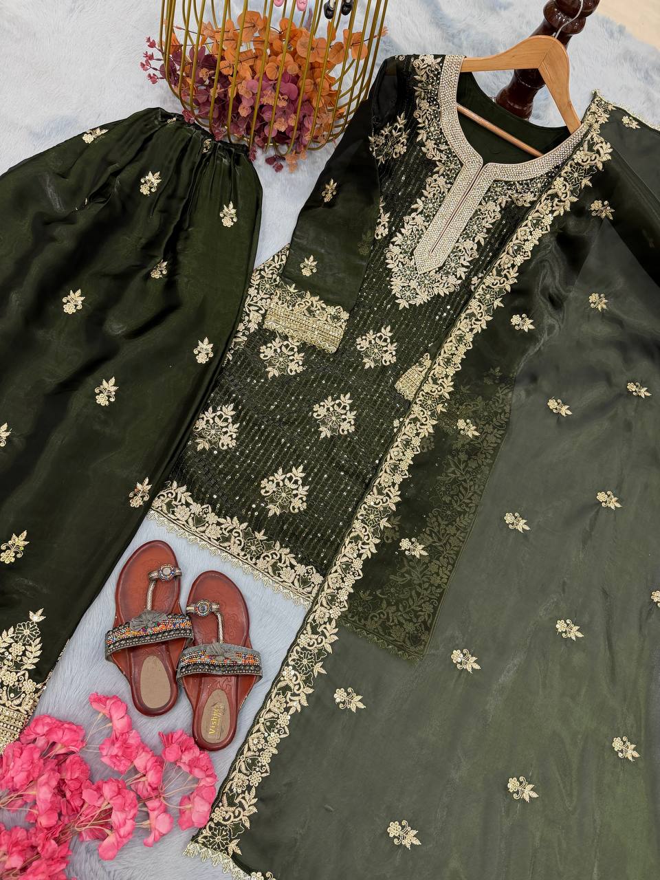 Olive Green Pure Silk Heavy Embroidered Kurta Palazzo Set with Dupatta ClothsVilla
