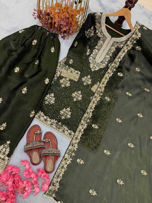 Olive Green Pure Silk Heavy Embroidered Kurta Palazzo Set with Dupatta ClothsVilla