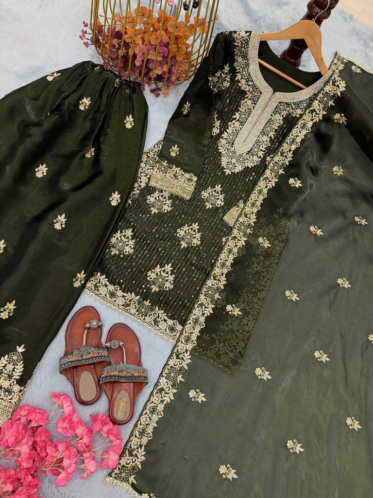 Olive Green Pure Silk Heavy Embroidered Kurta Palazzo Set with Dupatta ClothsVilla