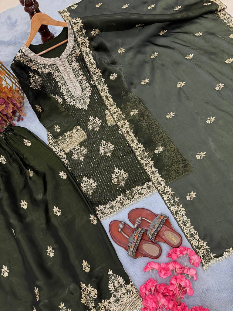 Olive Green Pure Silk Heavy Embroidered Kurta Palazzo Set with Dupatta ClothsVilla