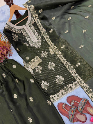 Olive Green Pure Silk Heavy Embroidered Kurta Palazzo Set with Dupatta ClothsVilla