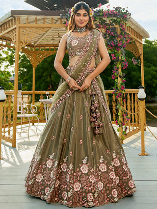 Olive Green Satin Lehenga Choli Set with Net Dupatta Heavy Embroidered AIndian Outfit ClothsVilla
