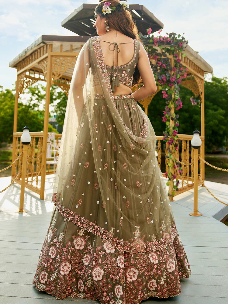 Olive Green Satin Lehenga Choli Set with Net Dupatta Heavy Embroidered AIndian Outfit ClothsVilla