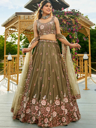 Olive Green Satin Lehenga Choli Set with Net Dupatta Heavy Embroidered AIndian Outfit ClothsVilla