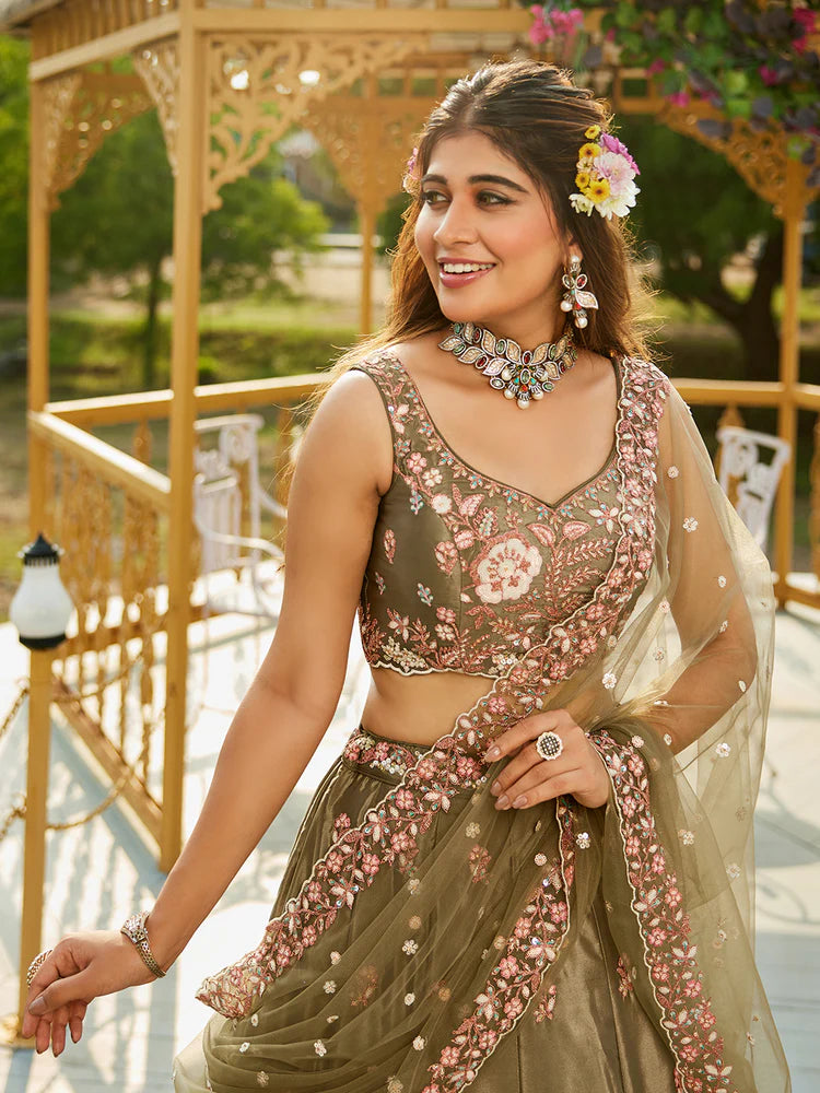 Olive Green Satin Lehenga Choli Set with Net Dupatta Heavy Embroidered AIndian Outfit ClothsVilla