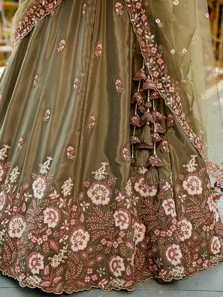 Olive Green Satin Lehenga Choli Set with Net Dupatta Heavy Embroidered AIndian Outfit ClothsVilla