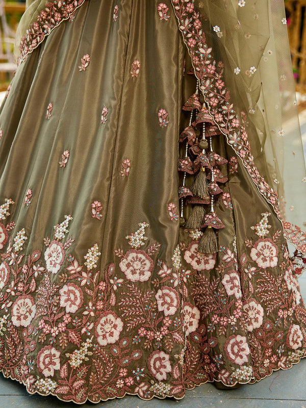 Olive Green Satin Lehenga Choli Set with Net Dupatta Heavy Embroidered AIndian Outfit ClothsVilla